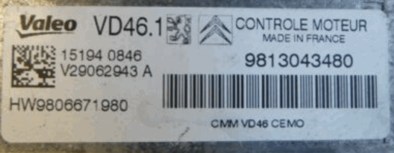 Valeo Engine ECU, Citroen - Peugeot, VD46.1, V29062943A, V29062943 A, 9813043480, HW98066719802