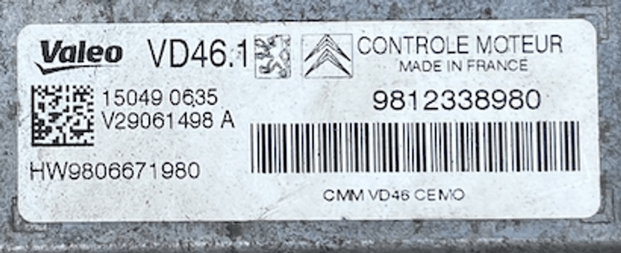 Valeo Engine ECU, Peugeot 208 1.2, VD46.1, V29061498A, V29061498 A, 9812338980, HW9806671980